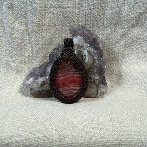 Handcrafted Pink Rhodochrosite Oval Natural Gemstone Wire Wrapped Pendant